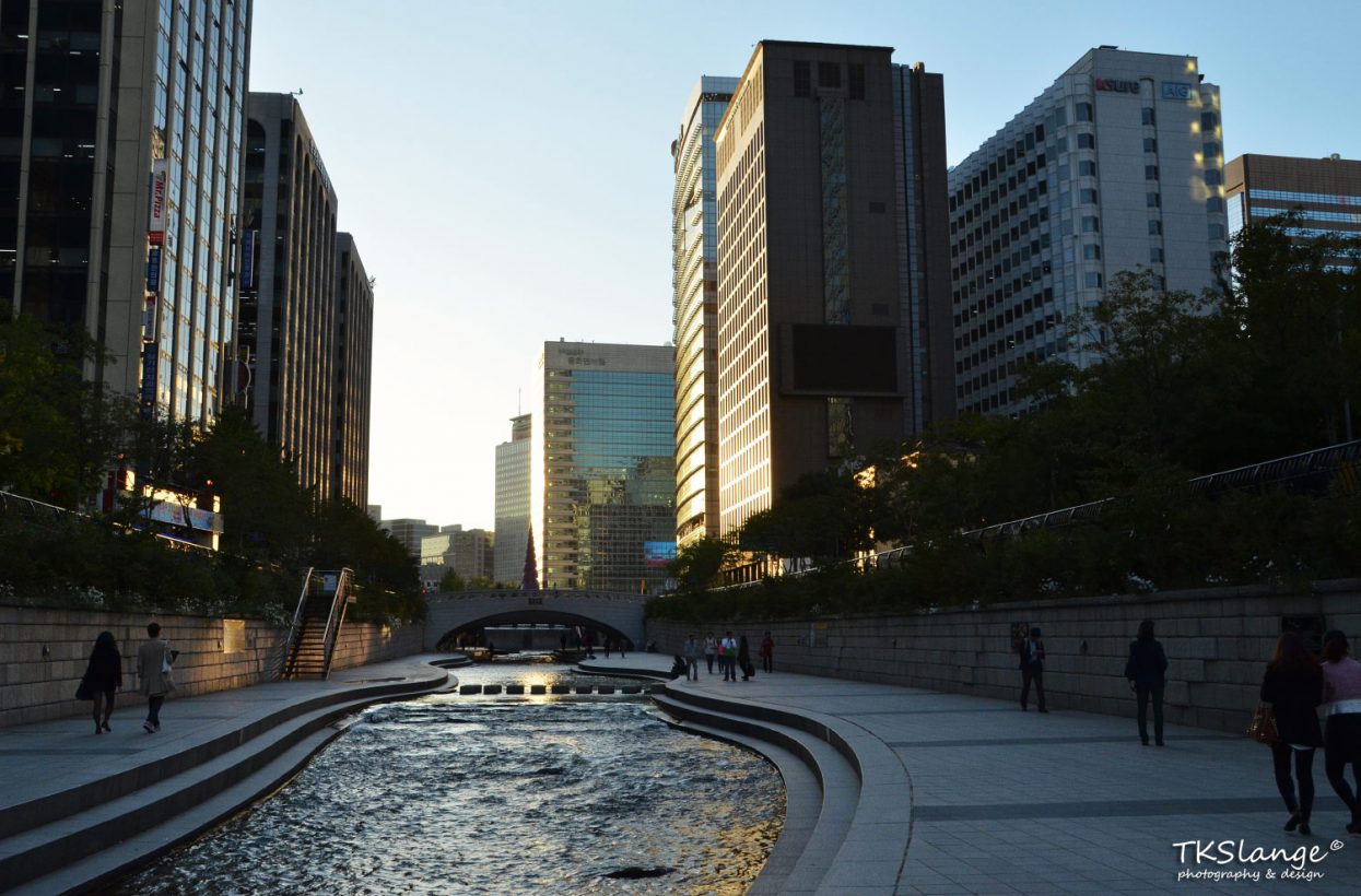 The Cheonggye Stream runs through the tall buildings of the centre of Seoul.