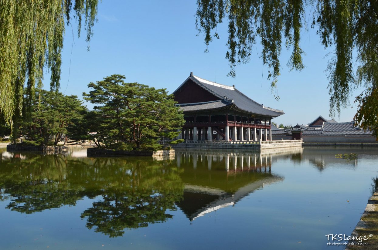 Gyeonghoeru, a large raised pavilion resting on 48 stone pillars and overlooking a large artificial lake.