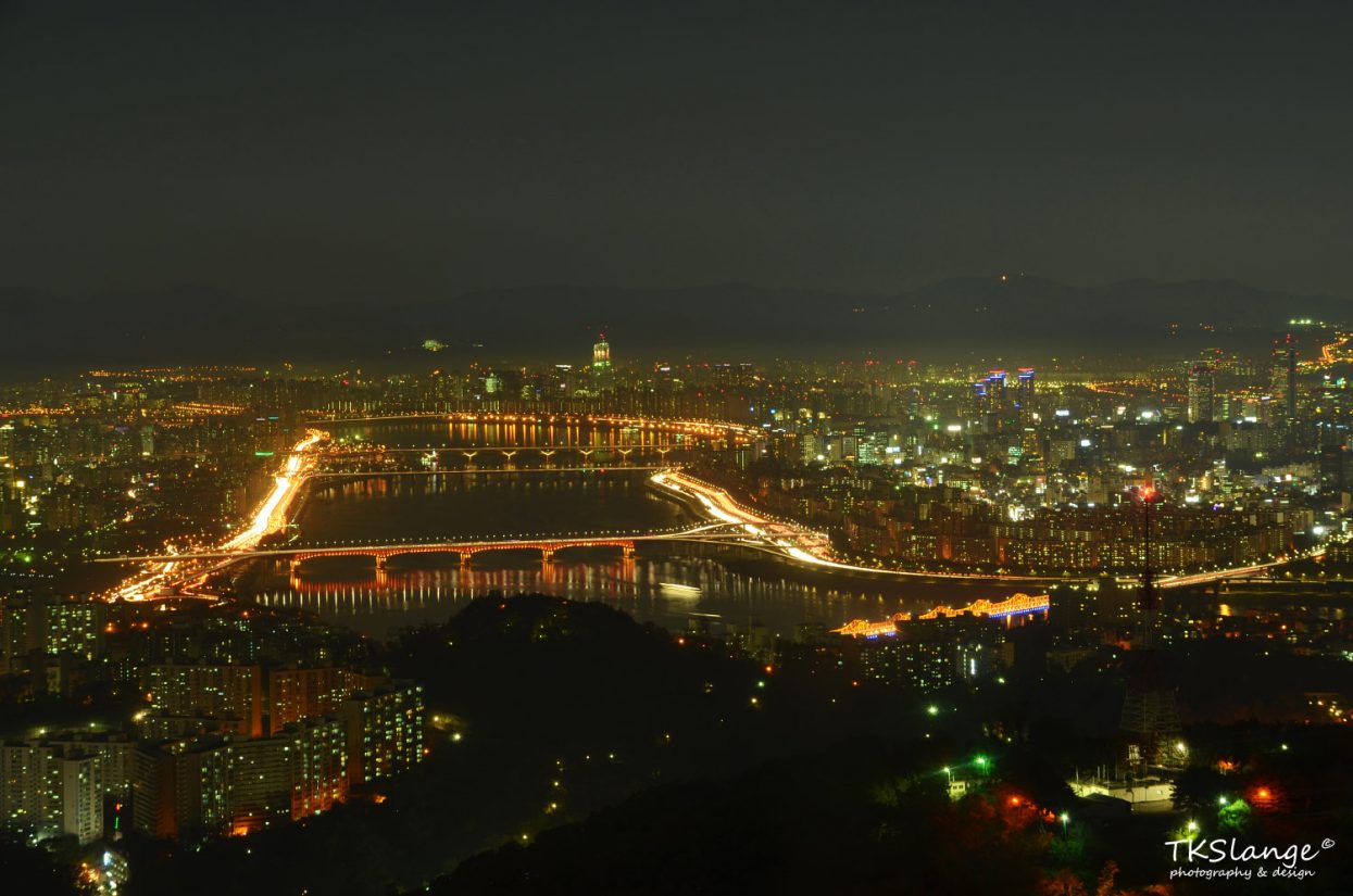 The view over the Han River from the observatory deck up in the Seoul N Tower.